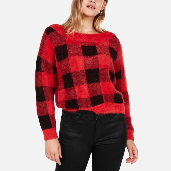 Express Sweaters - Express Buffalo Plaid Fuzzy Sweater